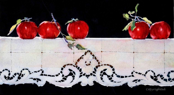 Apples and Old Linen Cutwork Cloth by Sandy Lynn Wisecup